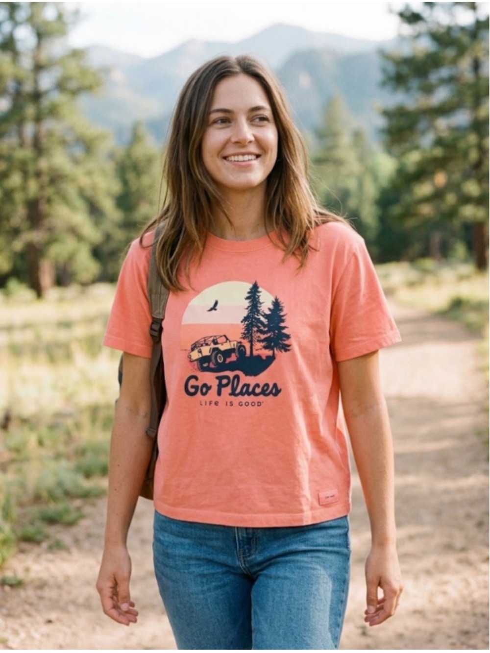 Women's Life is Good Go Places Graphic Tee Coral Black Size M